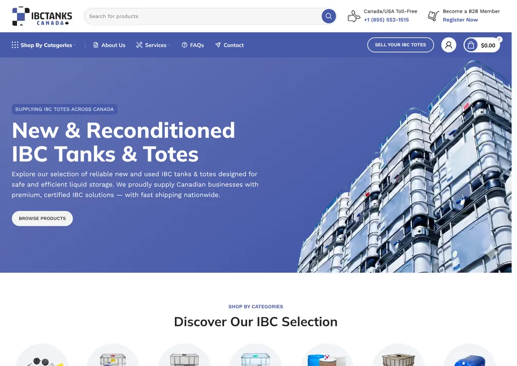Home page of the IBC Tanks Canada website