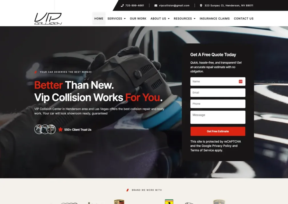 Home page of the VIP Collision website