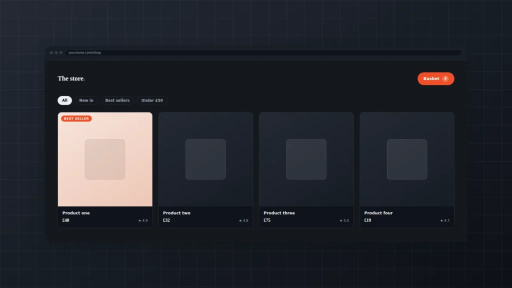 Illustration of an online shop product grid on a dark interface