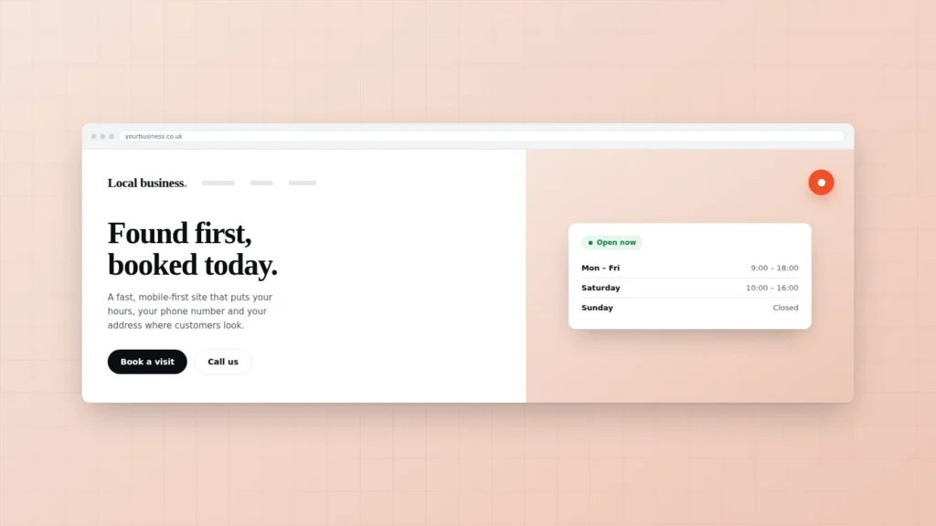 Illustration of a local business website with opening hours and a call button