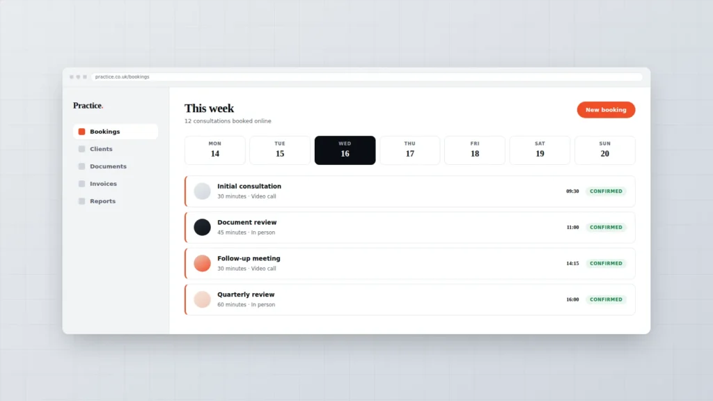 Illustration of an online booking dashboard for a professional practice