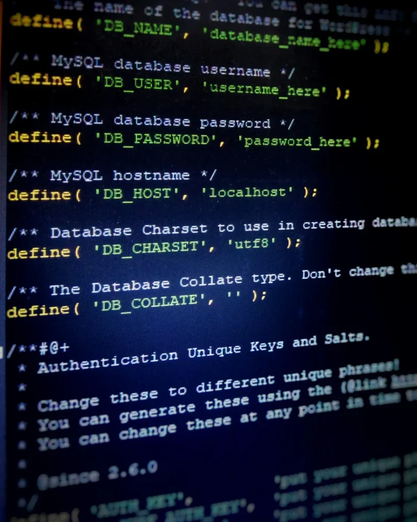 WordPress configuration code on a dark screen