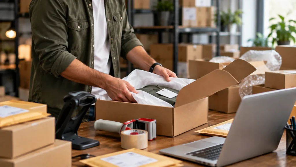 An online store owner packing orders next to a laptop