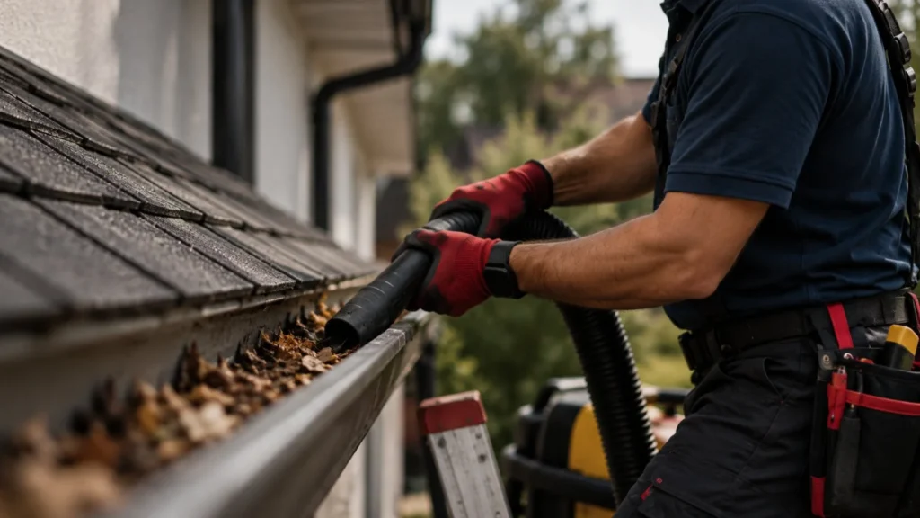 Local tradesperson clearing a gutter on a house roof