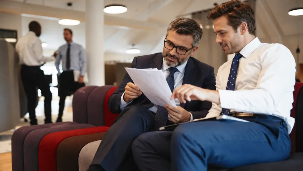 Two professionals reviewing documents in an office